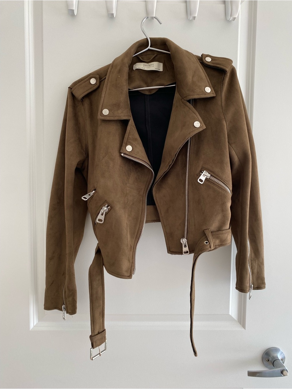 Zara Brown Suede Biker Jacket with Silver Hardware